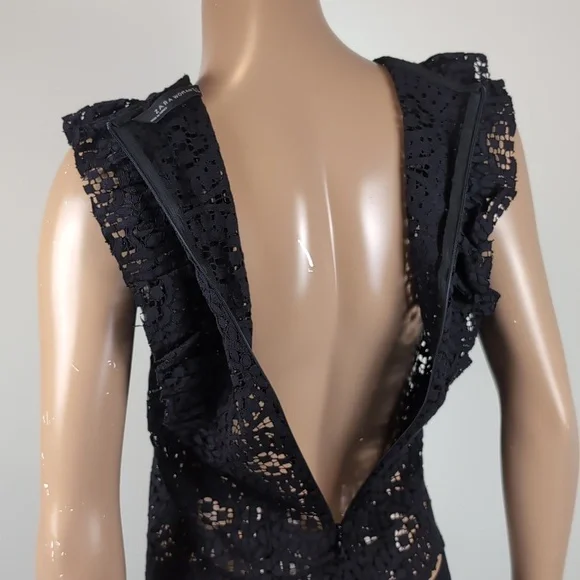💙Zara Black Lace Pinafore Ruffle Blouse Top Sheer Crochet Flounce Trim Black - Picture 6 of 10